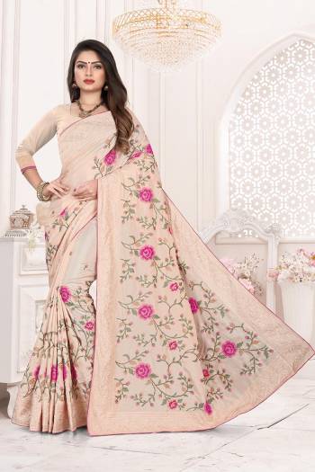Add This Very Beautiful And Heavy Designer Saree To Your Wardrobe In Light Peach Color For The Upcoming Wedding And Festive Season. This Saree And Blouse Are Fabricated on Dola Art Silk Detailed Thread Work With Tone To Tone Embroidered Lace Border. Buy Now.