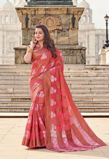 Classy Saree look pretty like never before.Wearing this Pink Color Saree which made from Cotton Handloom With Pink Color Jacquard Silk blouse, Saree has also decorative work like Heavy Zari Work With Woven.This beautiful Saree features a classy Zari Work all over,which makes it a smart pick for all occasions. 