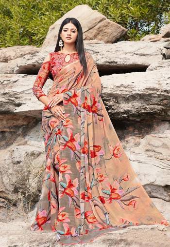 Go Colorful With This Lovely Printed Saree In Beige And Grey Color. This Pretty Saree And Blouse Are Fabricated On Chiffon. It Is Light In Weight And Easy To Carry All Day Long. 