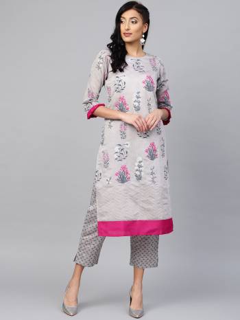 Rich and Elegant Loking Printed Pair Of Kurta And Pant Is Here In Grey Color. This Kurti and Pant Are  Fabricated On Chanderi Silk Beautified With Prints. 