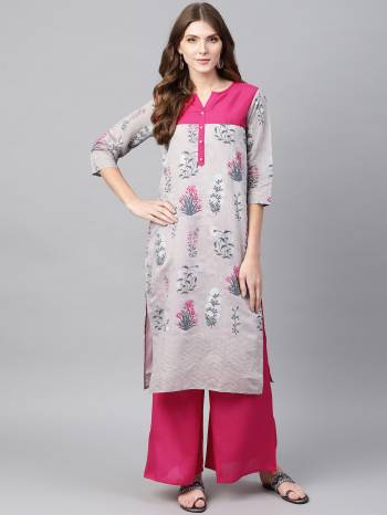 Rich and Elegant Loking Printed Pair Of Kurta And Pant Is Here In Grey And Dark Pink Color Respectively. This Kurti Is Fabricated On Chanderi Silk Paired With Poly Silk Bottom. 