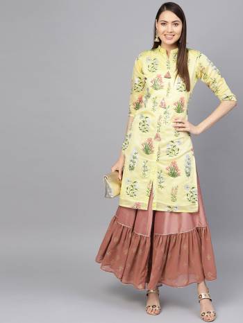 Rich and Elegant Loking Printed Pair Of Kurta And Pant Is Here In Yellow And Brown Color Respectively. This Kurti Is Fabricated On Chanderi Silk Paired With Poly Silk Bottom. 