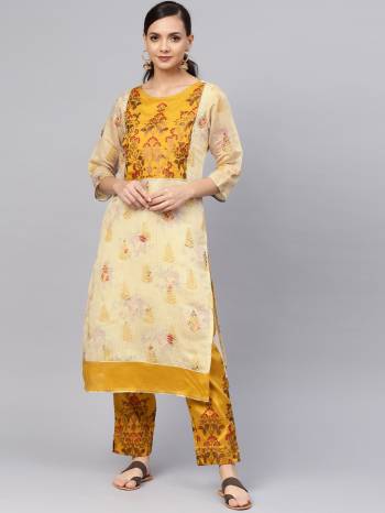 Rich and Elegant Loking Printed Pair Of Kurta And Pant Is Here In Cream And Musturd Yellow Color Respectively. This Kurti Is Fabricated On Chanderi Silk Paired With Poly Silk Bottom. 