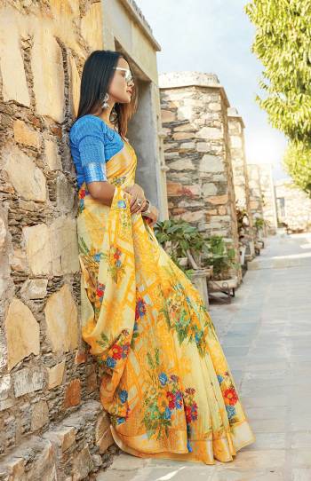 Classy Saree look pretty like never before.Wearing this Yellow Color Saree which made from Cotton With Blue Color Cotton blouse, Saree has also decorative work like Heavy Printed Work With Lace.This beautiful Saree features a classy Printed Work all over,which makes it a smart pick for all occasions. You can wear this Saree in different styles. Buy Now.
