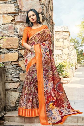 Classy Saree look pretty like never before.Wearing this Maroon And Multi Color Saree which made from Cotton With Orange Color Cotton blouse, Saree has also decorative work like Heavy Printed Work With Lace.This beautiful Saree features a classy Printed Work all over,which makes it a smart pick for all occasions. You can wear this Saree in different styles. Buy Now.