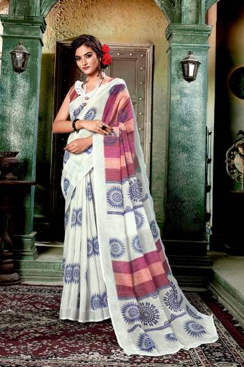 Flaunt Your Rich And Elegant Taste Wearing This Pretty Digital Printed Saree In Off-White Color Paired With Pink Colored Blouse. This Saree And Blouse Are Fabricated On Linen Cotton Which Gives A Rich Look To Your Personality