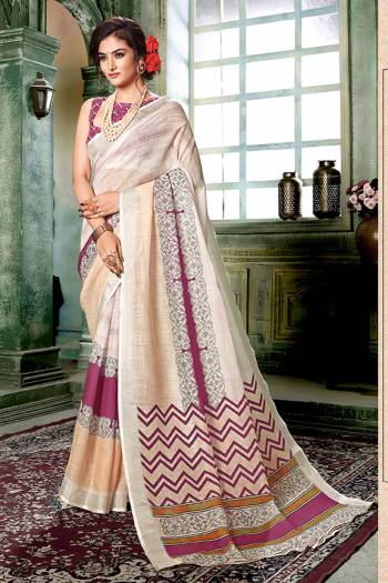 Flaunt Your Rich And Elegant Taste Wearing This Pretty Digital Printed Saree In Cream Color Paired With Magenta Pink Colored Blouse. This Saree And Blouse Are Fabricated On Linen Cotton Which Gives A Rich Look To Your Personality