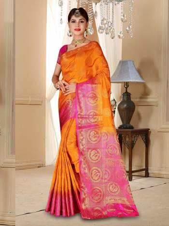 Grab This Designer Silk Based Saree In Orange Color Paired With Contrasting Dark Pink Colored Blouse. This Saree And Blouse Are Fabricated On Banarasi Art Silk Beautified With Weave All Over. Buy Now.