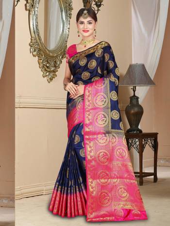 Grab This Designer Silk Based Saree In Navy Blue Color Paired With Contrasting Dark Pink Colored Blouse. This Saree And Blouse Are Fabricated On Banarasi Art Silk Beautified With Weave All Over. Buy Now.