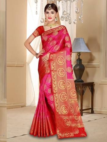 Grab This Designer Silk Based Saree In Dark Pink Color Paired With Contrasting Red Colored Blouse. This Saree And Blouse Are Fabricated On Banarasi Art Silk Beautified With Weave All Over. Buy Now.