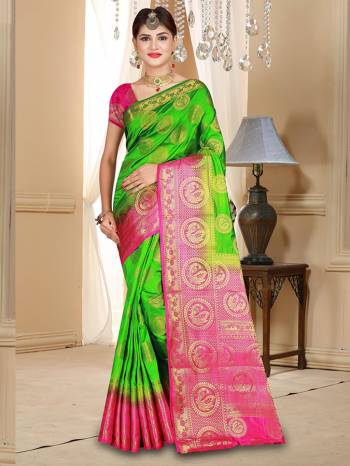 Grab This Designer Silk Based Saree In Parrot Green Color Paired With Contrasting Rani Pink Colored Blouse. This Saree And Blouse Are Fabricated On Banarasi Art Silk Beautified With Weave All Over. Buy Now.