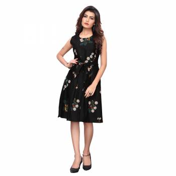 Grab This Lovely Readymade One Piece In Black Color Fabricated on Crepe. It Is Beautified With Floral Prints Giving A Cute Look The Dress. Also It Is Light Weight, And Its Fabric Is Soft Towards Skin Which Is Easy To Carry All Day Long. 