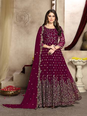 Here Is A Prefect Outfit For This Festive And Wedding Season Wearing This Heavy Designer Floor Length Suit In Magenta Pink Color. Its Embroidered Floor Length Top And Dupatta are fabricated on Georgette Paired With Santoon Bottom. It Is Light In Weight and Easy To Carry All Day Long. Buy Now.