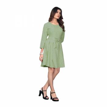 Look Pretty In This Polka Dots Printed Readymade One Piece In Light Green Color. This Pretty Piece Is Fabricated on Crepe And Available In All Regular Sizes. Buy Now.