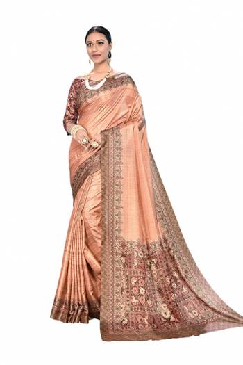 Add This Designer Saree In A Proper Traditional Look In Peach Color Paired With Multi Colored Blouse. This Saree And Blouse Are Dola Art Silk Based Beautified With Digital Prints. It Is Light Weight And Easy To Carry all Day Long. 