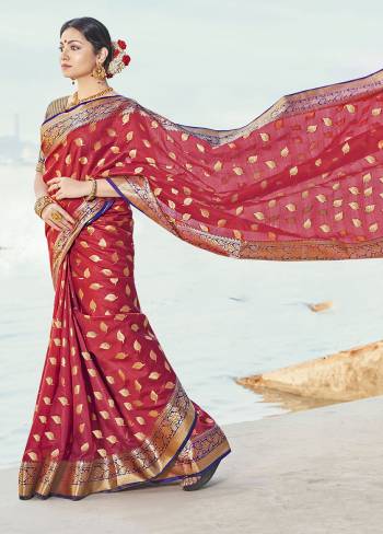 Classy Saree look pretty like never before.Wearing this Red Color Saree which made from Handloom Silk With Orange Color Handloom Silk blouse, Saree has also decorative work like Heavy Zari Work With Woven.This beautiful Saree features a classy Zari Work