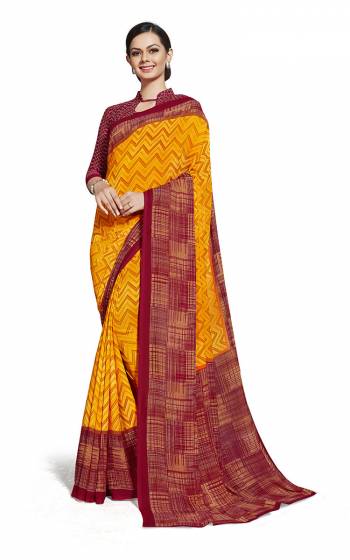No More Worry For What To Wear At Your Place, Grab This Georgette?Fabricated Saree And Blouse Beautified With Prints All Over. This Saree Can Be Used As Uniform At Different Places Like Airports, Hospitals And Hotels?