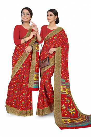 No More Worry For What To Wear At Your Place, Grab This Georgette?Fabricated Saree And Blouse Beautified With Prints All Over. This Saree Can Be Used As Uniform At Different Places Like Airports, Hospitals And Hotels