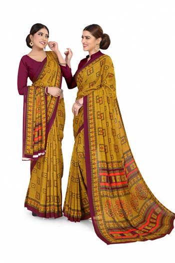 Here Is Very Pretty Printed Saree Fabricated On Georgette Paired?With Running Blouse, This Pretty Formal Printed Saree Is Best Suitable For Your Work Place As It Is Light Weight And Esnures Superb Comfort All Day Long. Also It Can Be Used As Uniform At Different Places Like Airports, Hospitals And Hotels. Buy Now