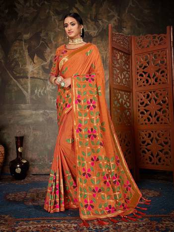 Add This Beautiful designer Silk Based Saree To Your Wardrobe In Orange Color. This Saree And Blouse Are Fabricated on Linen Silk Beautified With Weave And embroidered Deisgner Blouse. Buy This Lovely Saree Now. 