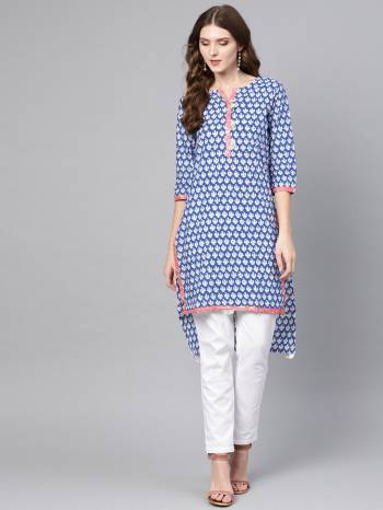 Grab This Simple Kurti For Your Casual Wear In Blue Color. This Printed Kurti Is Fabricated on Cotton Beautified With Prints. 