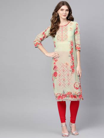 Be It Your College, Home OR Work Place, This Readymade Printed Kurti Is Suitable For All. This Light Green Colored Pretty Kurti Is Fabricated On Georgette Beautified With Pints. 