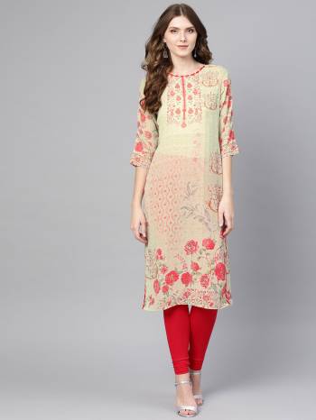 Be It Your College, Home OR Work Place, This Readymade Printed Kurti Is Suitable For All. This Light Green Colored Pretty Kurti Is Fabricated On Georgette Beautified With Pints. 