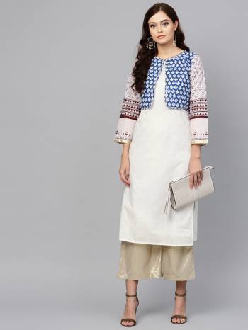 Grab This Simple Kurti For Your Casual Wear In White And Blue Color. This Printed Kurti Is Fabricated on Cotton Beautified With Prints. 