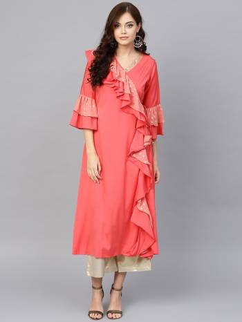 Grab This Readymade Kurti In Red Color For Your Semi-Casual Wear. This Frill Patterned Kurti Is Fabricated on Crepe Which Is Light Weight And Easy To Carry All Day Long. 