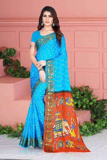 For A Proper Traditional Look, Grab This Designer Silk Based Saree In Blue Color. This Saree And Blouse Are Fabricated On Art Silk Beautified With Weave And Prints. Its Fabric Is Durable, Light Weight And Easy To Carry All Day Long. 