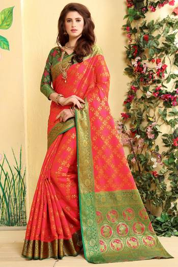 Here Is A Prefectly Suitable Designer Silk Based Saree For The Upcoming Festive And Wedding Season. This Pretty Saree In Dark Pink Color Paired With Green Colored Blouse. This Saree And Blouse Are Fabricated Patola Jacquard Silk Beautified Attractive Detailed Weave All over. Buy This Rich Designer Saree Now.