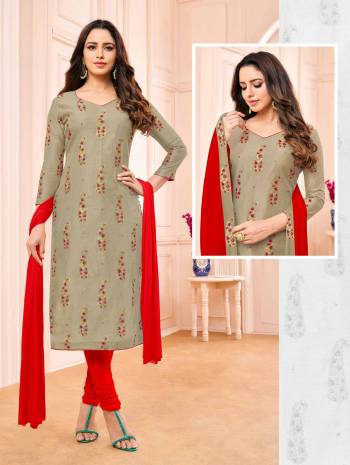 Simple And Elegant Straight Suit Is Here For Your Semi-Casual Wear In Grey Colored Top Paired With Contrasting Red Colored Bottom And Dupatta. Its Top Is Modal Based Paired With Cotton Bottom And Chiffon Fabricated Dupatta. 