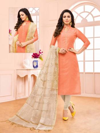 Grab This Very Pretty And Elegant Looking Straight Suit In Orange Colored Top Paired With Off-White Colored Bottom And Dupatta, Its Top IS Modal Based Paired With Cotton Bottom And Chanderi Fabricated Dupatta. Buy Now.