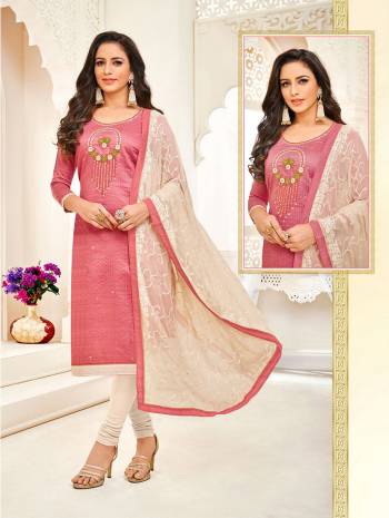 Look Pretty In This Designer Straight Suit In Pink Colored Top Paired With Off-White Colored Bottom And Dupatta. Its Top Is Fabricated On Art Silk Paired With Cotton Bottom And Chiffon Fabricated Dupatta. 