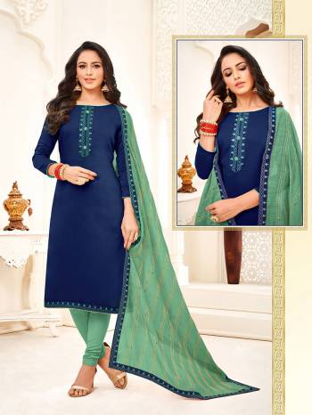 You Will Definitely Earn Lots Of Compliments Wearing This Designer Straight Suit In Royal Blue Colored Top Paired With Light Green Colored Bottom And Dupatta. Its Top And Dupatta are Fabricated On Soft Silk Paired With Cotton Fabricated Bottom. 