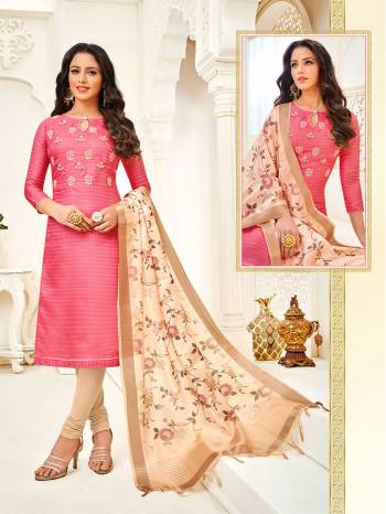 Add This Very Beautiful Designer Straight Suit In Dark Pink Colored Top Paired With Cream Colored Bottom And Dupatta. Its Top Is Fabricated On Chanderi Silk Paired with Cotton Bottom And Tussar Silk Fabricated Digital Printed Dupatta. 