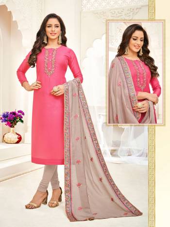 Rich And Elegant Looking Designer Suit Is Here With Heavy Dupatta Concept In Rani Pink Colored Top Paired With Contrasting Grey Colored Bottom And Dupatta. Its Top Is Fabricated On Soft Silk Paired With Cotton Bottom And Chanderi Dupatta. Buy This Lovely Suit Now.