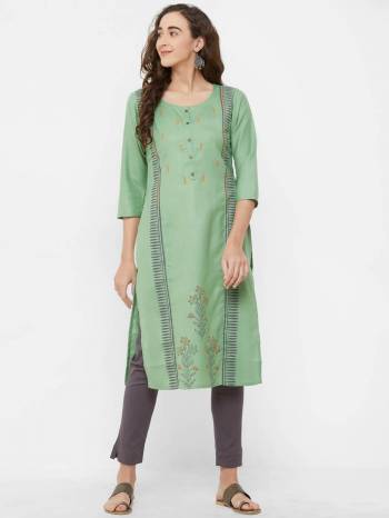 Beat The Heat This Summer Wearing This Pretty Light Weight Readymade Kurti In Light Green Color Fabricated On Cotton Slub. You Can Pair This Up With Same Or Contrasting Colored bottom. 