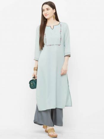 Simple And elegant Looking Readymade Kurti Is Here For Your Casual Wear In Baby Blue Color. This Kurti Is Fabricated On Rayon And Can Be Paired With Same Or Contrasting Colored Bottom. 