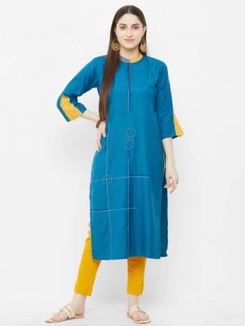 Grab This Readymade Kurti In Blue Color Fabricated On Rayon. This Pretty Simple Kurti Is Suitable For Your Casual Or Semi-Casuals. Also It Is Available In All Regular Sizes.