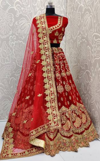 Here Is A Royal Looking Heavy Bridal Lehenga Choli In Red Color. Its Blouse And Lehenga Are Fabricated On Velvet Paired With Net Fabricated Dupatta. This Designer Heavy Bridal Lehenga Choli Has Attractive Peacock Motifs. Buy Now.