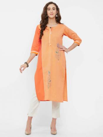 Grab This Pretty Simple Readymade Kurti In Orange Color For Your Casual And Semi-Casual Wear, This Kurti Is Fabricated On Cotton Which Also Gives A Rich Look To Your Personality. 