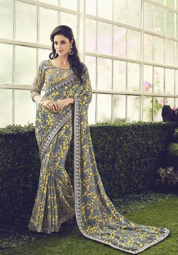 Add This Designer Saree To Your Wardrobe In Grey And Yellow Color. This Saree And Blouse Are Fabricated Cotton Beautified With Lovely Floral Prints And Heavy Embroidered Blouse. Buy This Saree Now.