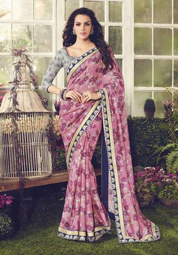 Go For This Lovely Floral Printed Designer Saree In Pink And Light Grey Color Paired With Heavy Embroidered Blouse.  This Pretty Saree And Blouse Are Fabricated On Cotton Which Is Soft Towards Skin And Easy To Carry All Day Long. 