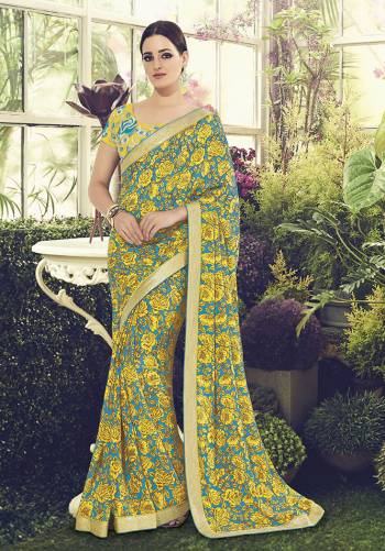 Add This Designer Saree To Your Wardrobe In Yellow And Blue Color. This Saree And Blouse Are Fabricated Crepe Beautified With Lovely Floral Prints And Heavy Embroidered Blouse. Buy This Saree Now.