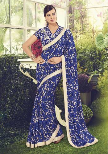 Go For This Lovely Floral Printed Designer Saree In Royal Blue Color Paired With Heavy Embroidered Blouse.  This Pretty Saree And Blouse Are Fabricated On Crepe Which Is Soft Towards Skin And Easy To Carry All Day Long. 