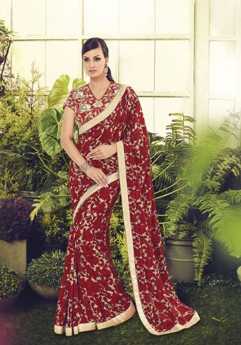 Add This Designer Saree To Your Wardrobe In Red Color. This Saree And Blouse Are Fabricated Crepe Beautified With Lovely Floral Prints And Heavy Embroidered Blouse. Buy This Saree Now.