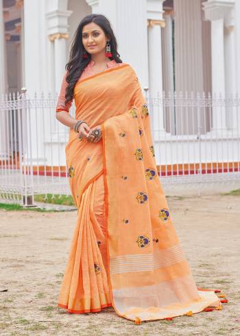 You Will Definitely Earn Lots Of Compliments Wearing This Designer?Saree In Orange Color Paired With Orange Colored Blouse. This Saree And Blouse Are Fabricated On Rich Linen Cotton Fabric. This Pretty Saree Is Light Weight, Durable And Easy To Carry All Day Long