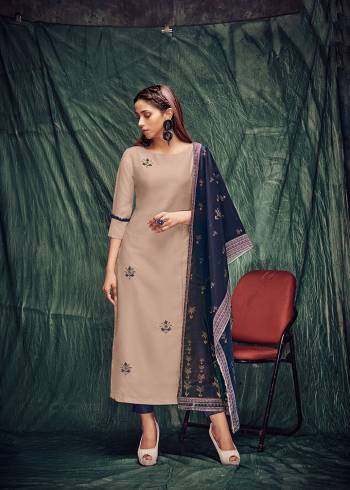 Rich And Elegant Looking Designer Readymade Pair Of Kurti And Dupatta In Light Beige Color Paired With Navy Blue Colored Dupatta. Its Top Is Soft Silk Based Paired With Digital Pinted Silk Dupatta. It Is Light In Weight And Easy To Carry All Day Long. 