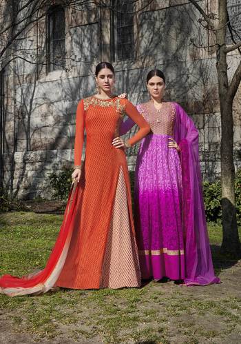 Grab This Very Beautiful Designer Suit In Two Layered Top In Orange And White Color Paired With Orange Colored Bottom And Dupatta. This Top And Dupatta Are Georgette Based Paired With Santoon Fabricated Bottom. 